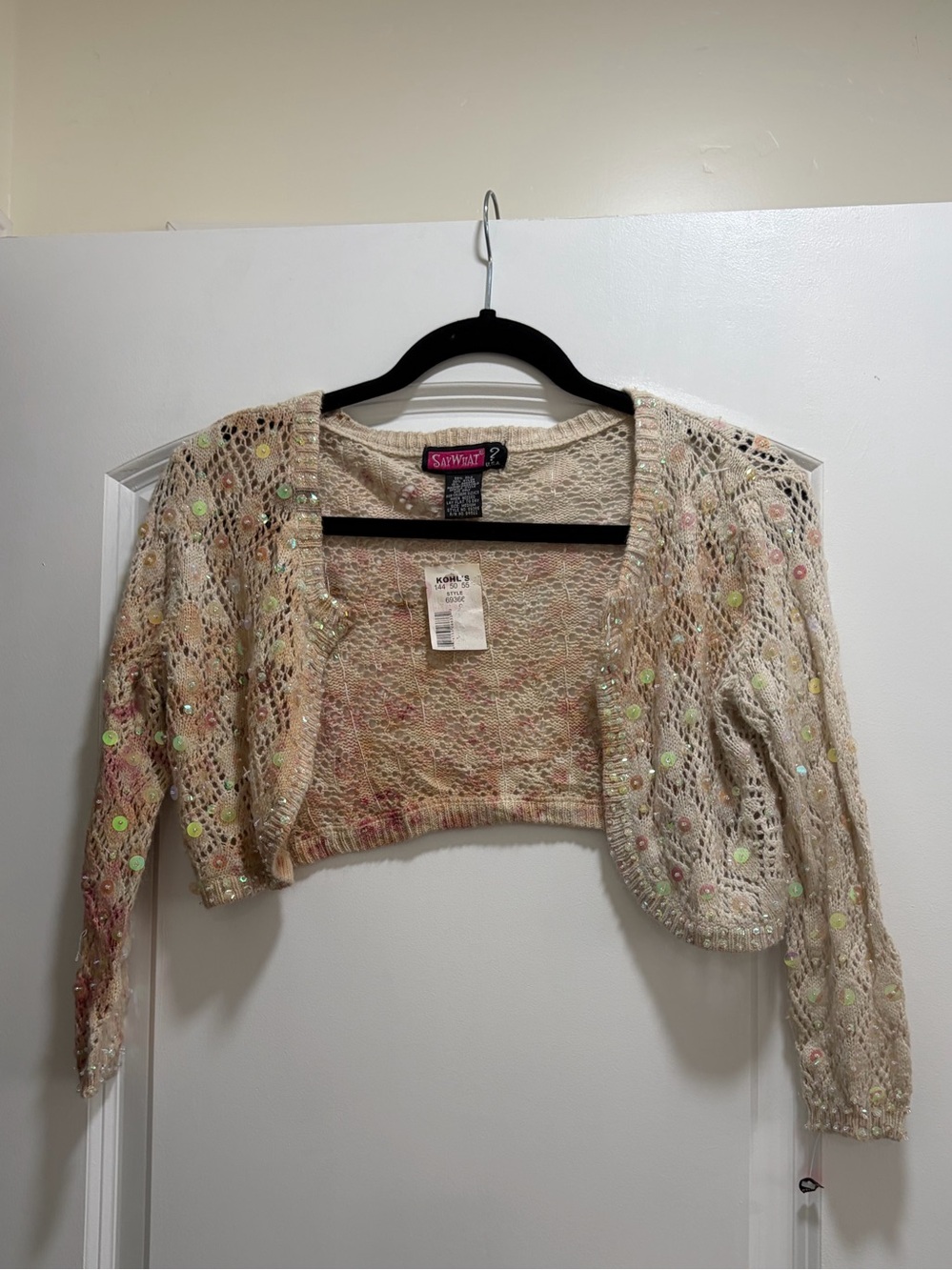 NWT Say What? Vintage Y2K Knit Sequin Bolero Shrug Cardigan Cream